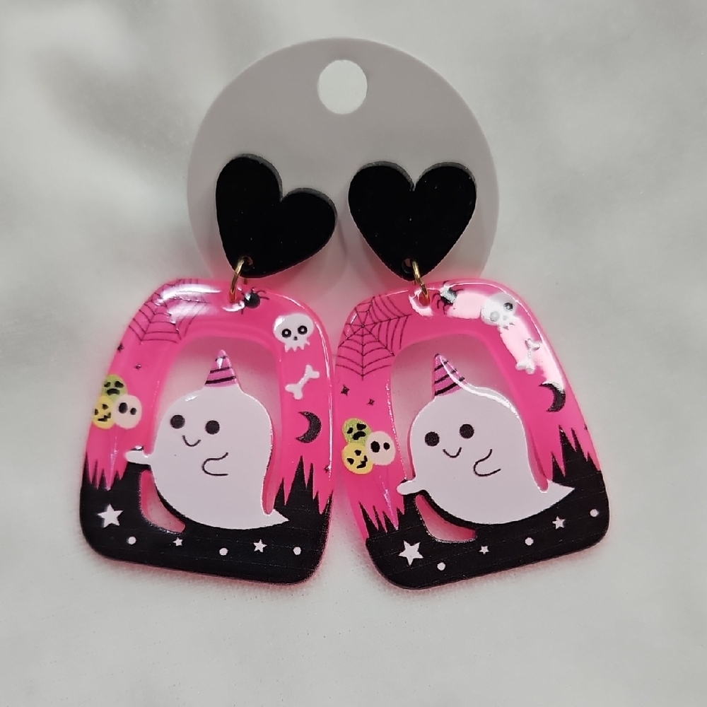Halloween Earrings Ghost White Pink Black Heart Fashion Jewelry Dangle Design